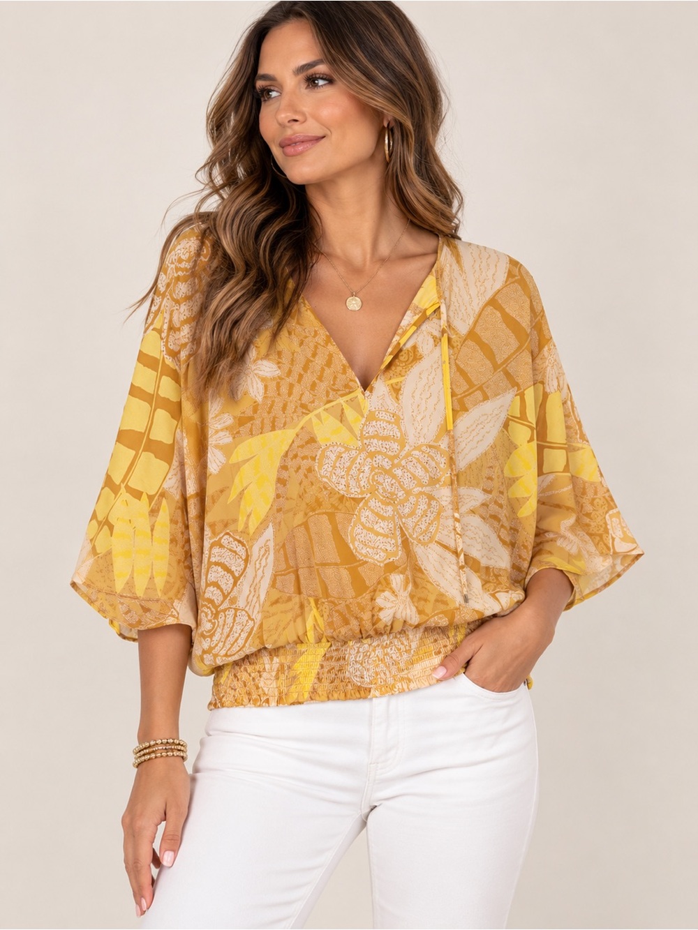 White House Black Market Yellow Floral Blouson Top Size L (NWOT)
